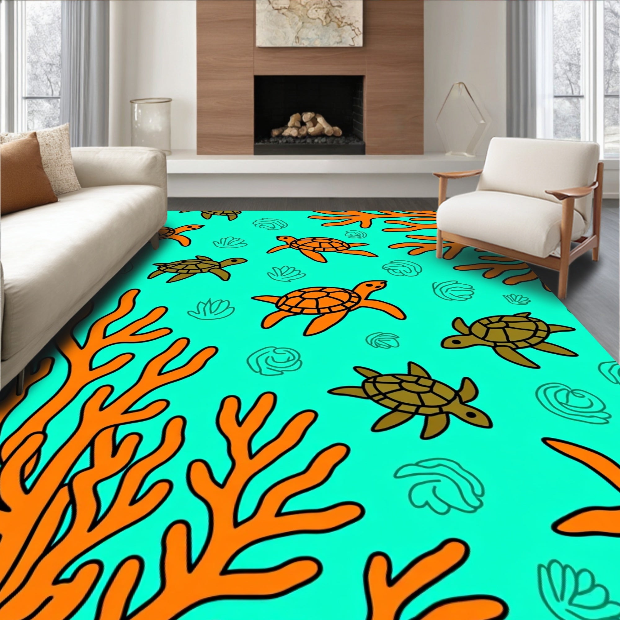 Orange Turtle Sea Coral Garden Rug