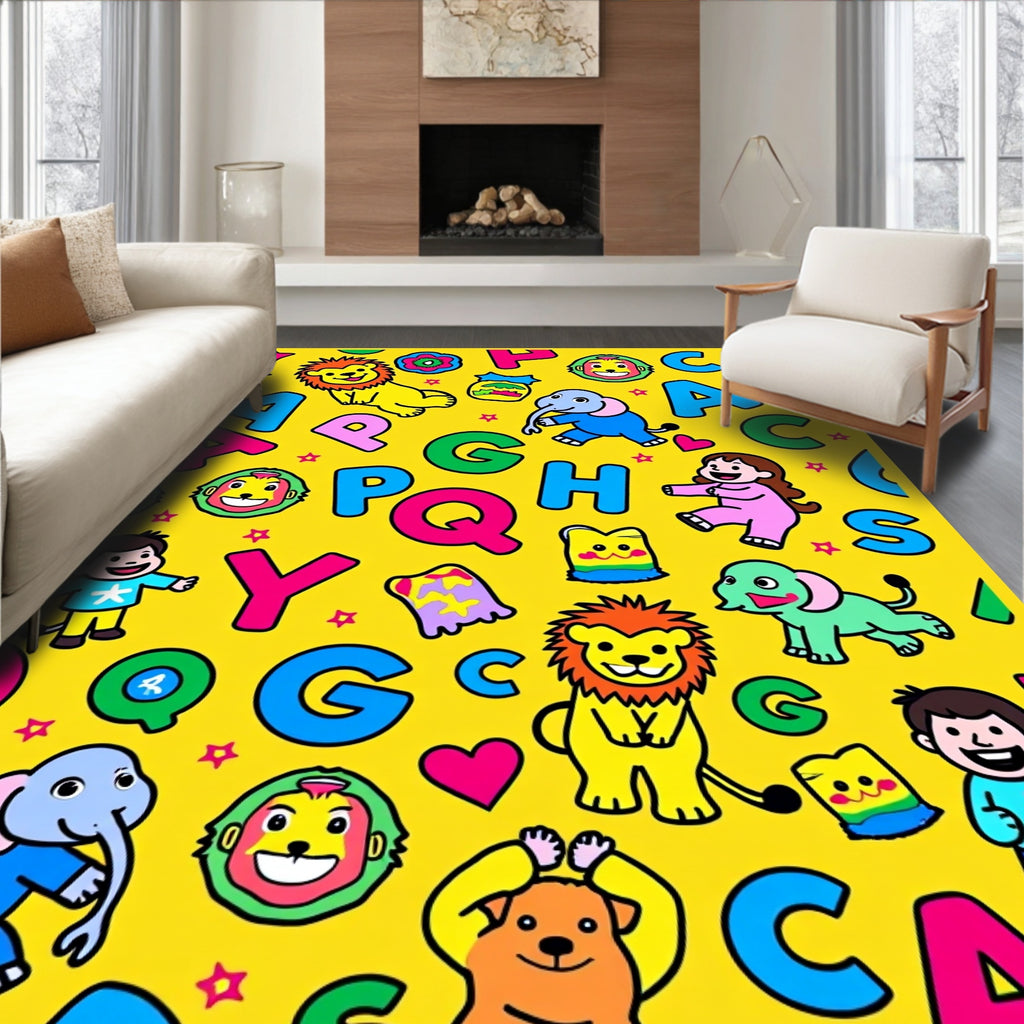 Whimsical Alphabet Animals Yellow Rug