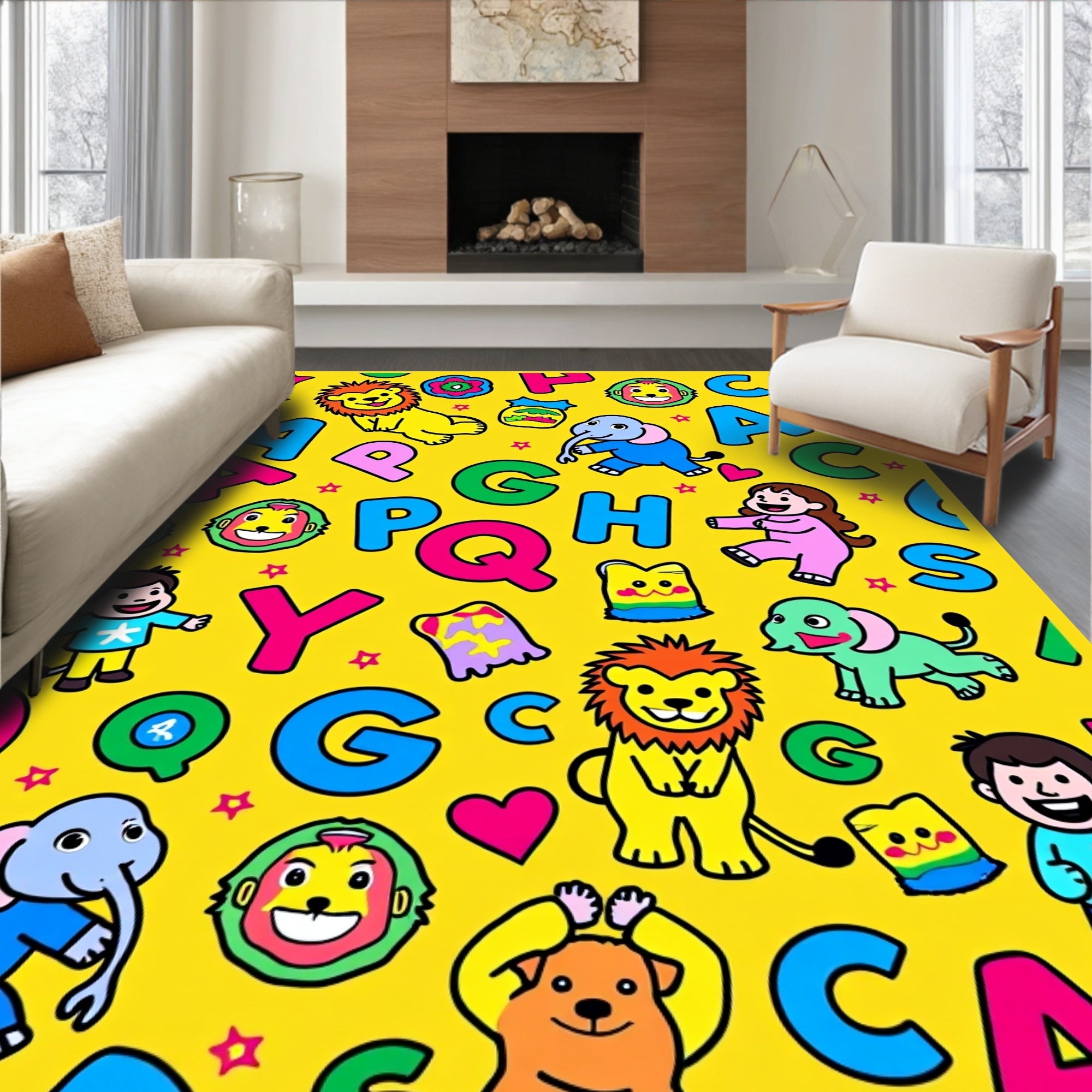 Whimsical Alphabet Animals Yellow Rug