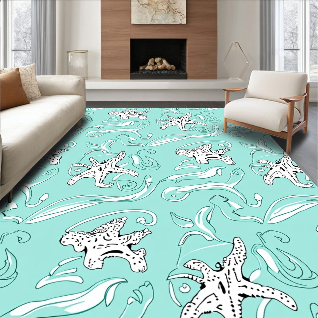 Aqua Starfish Coral Swirls Rug