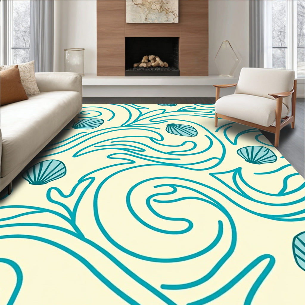 Coastal Blue Seashell Swirls Rug