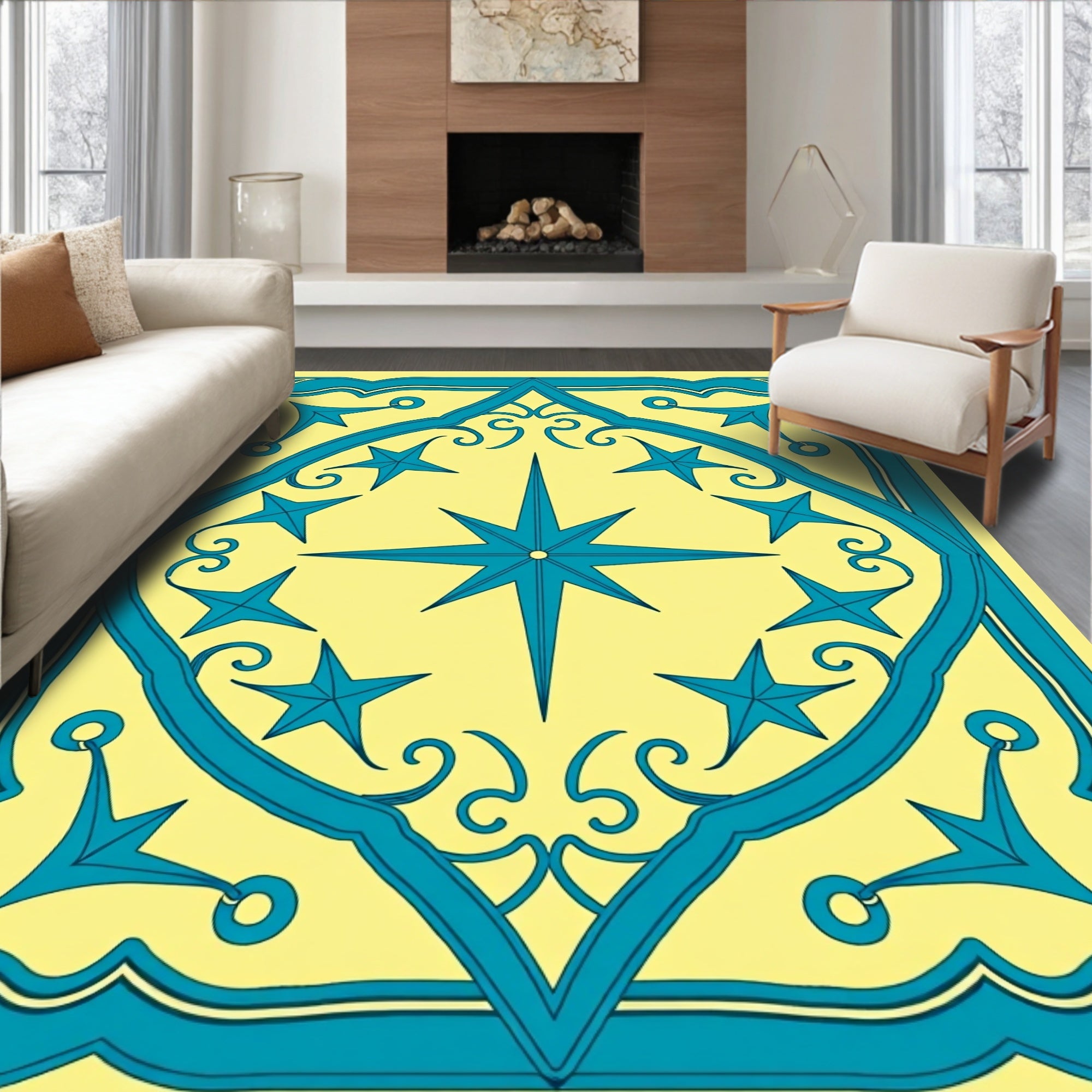 Teal Starburst Medallion Yellow Rug