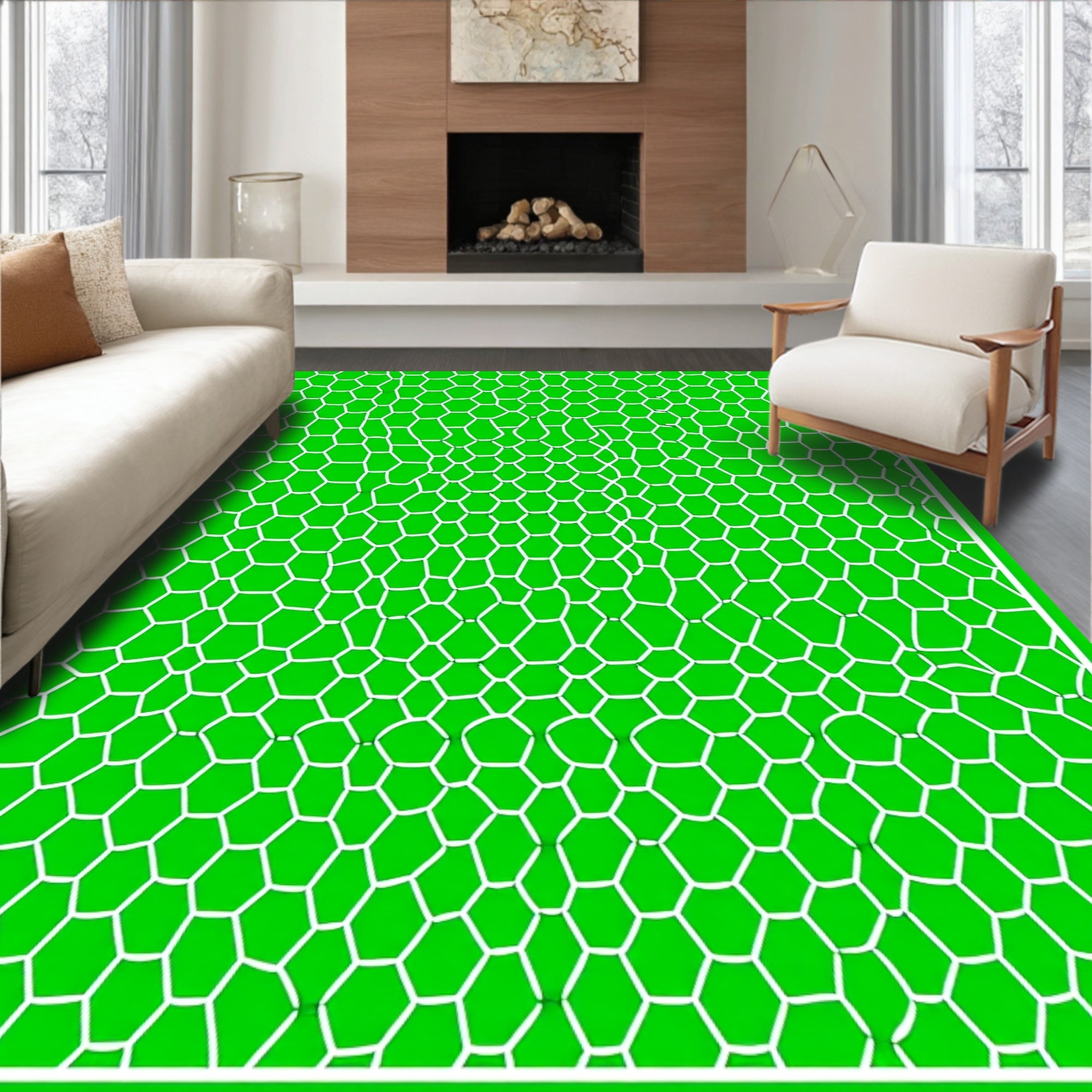 Vibrant Green Hexagonal Overlay Rug