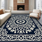 Deep Navy Cream Intricate Mandala Rug