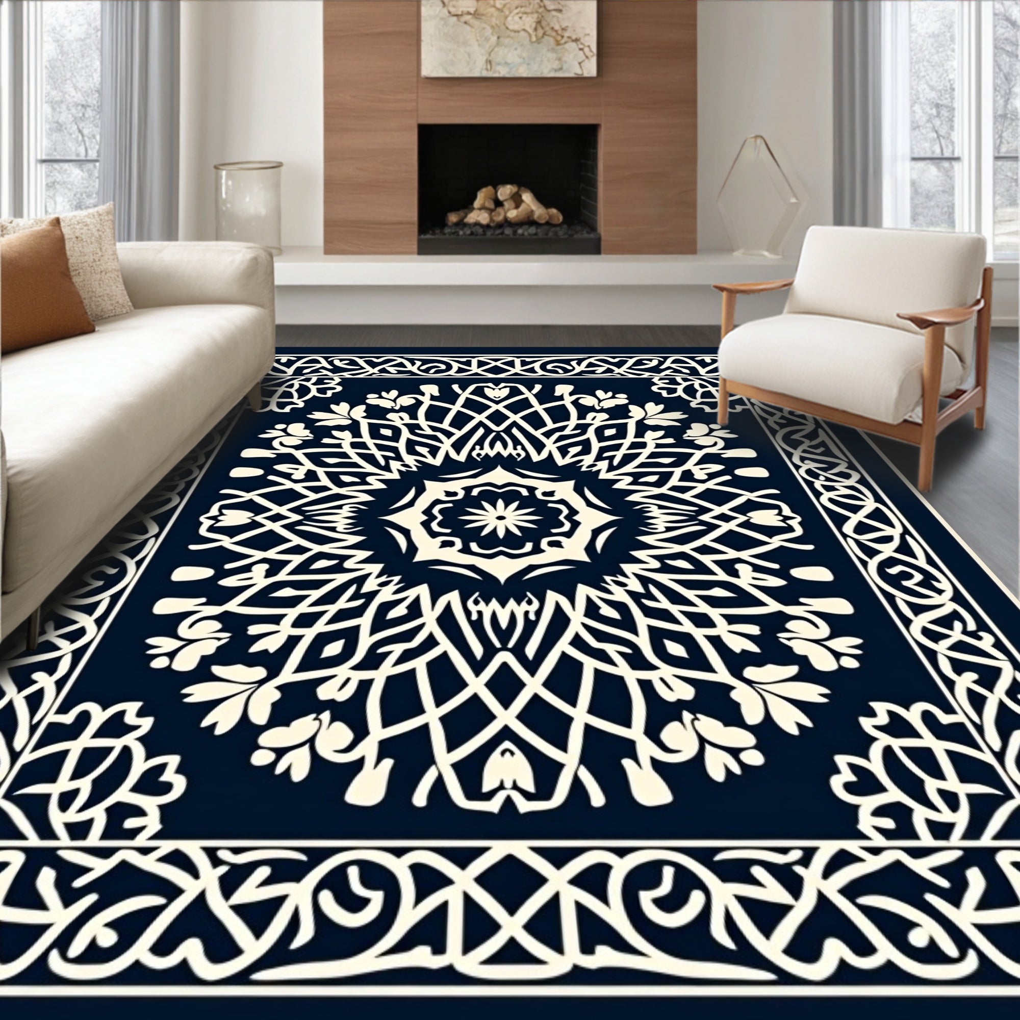 Deep Navy Cream Intricate Mandala Rug