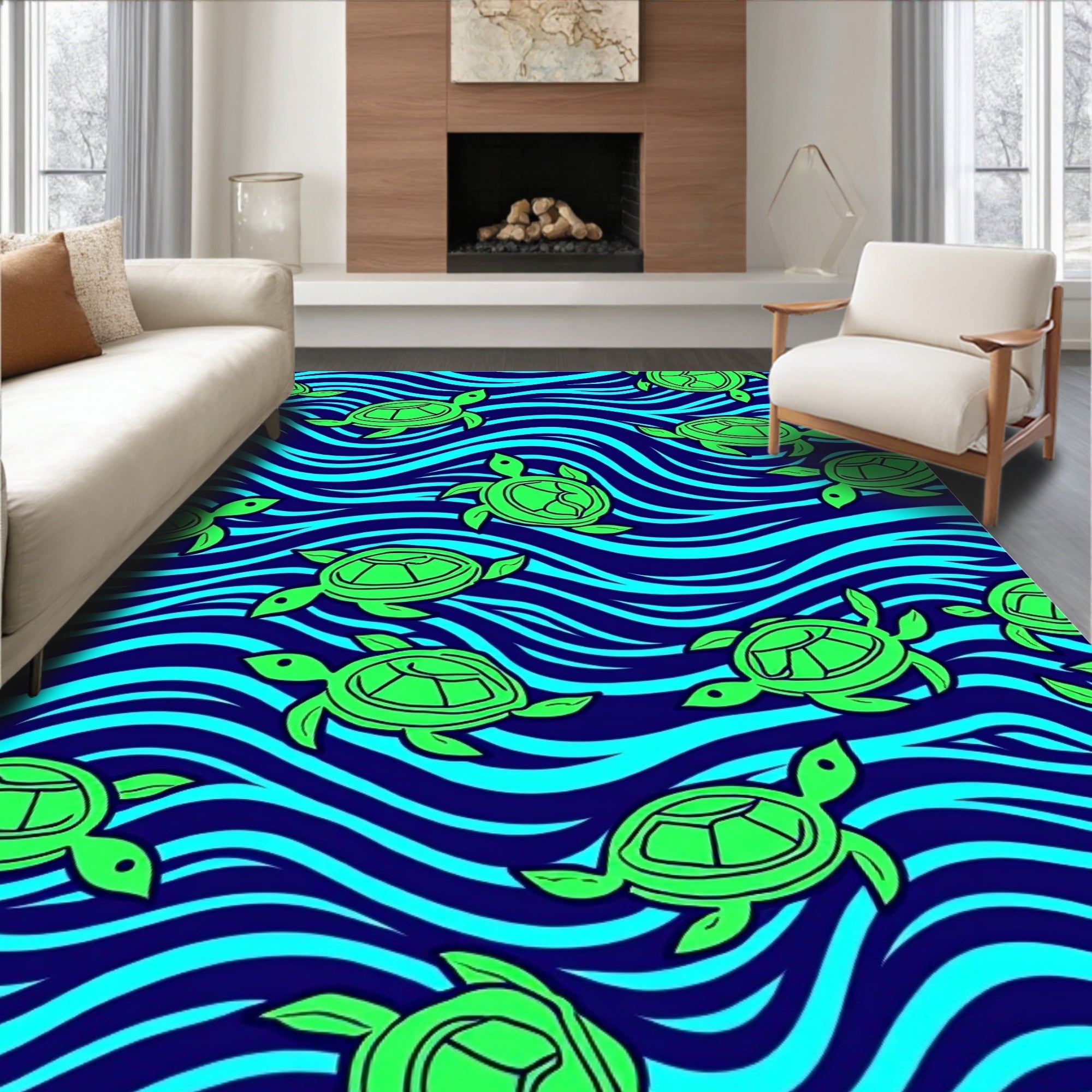 Oceanic Green Turtles Blue Waves Rug