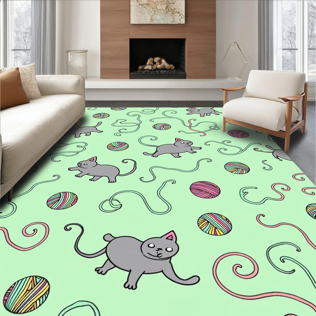 Playful Gray Cats Yarn Balls Mint Backdrop Rug