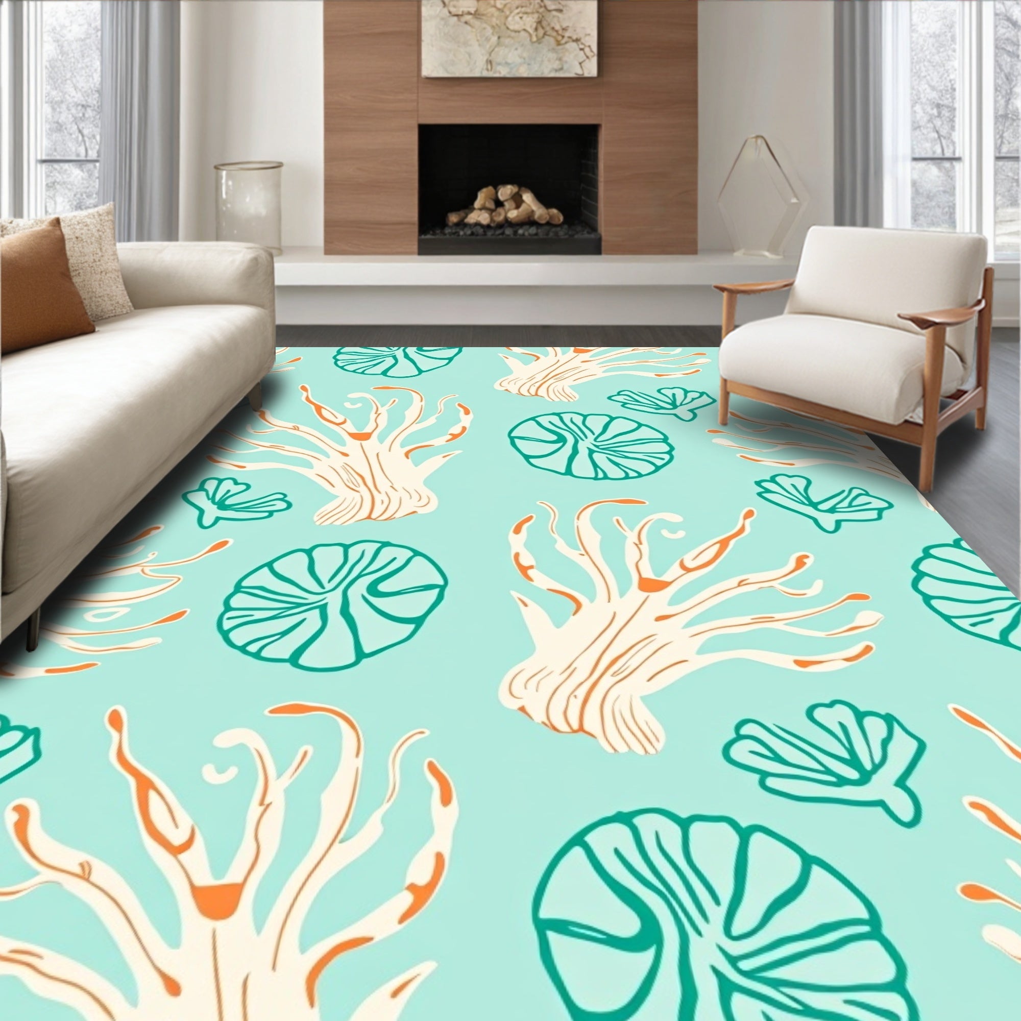 Coastal Coral Turquoise Whimsical Organic Rug