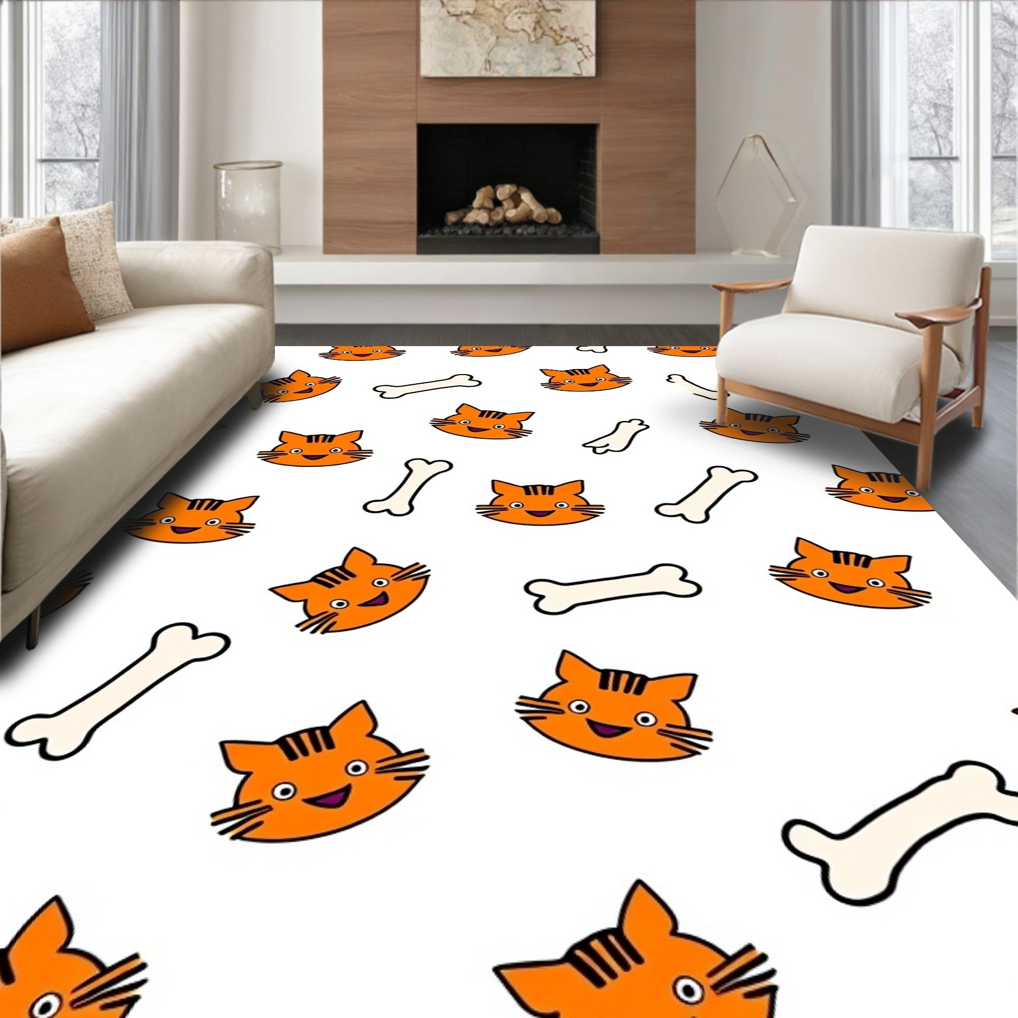 Playful Orange Cat Bone Collection Rug