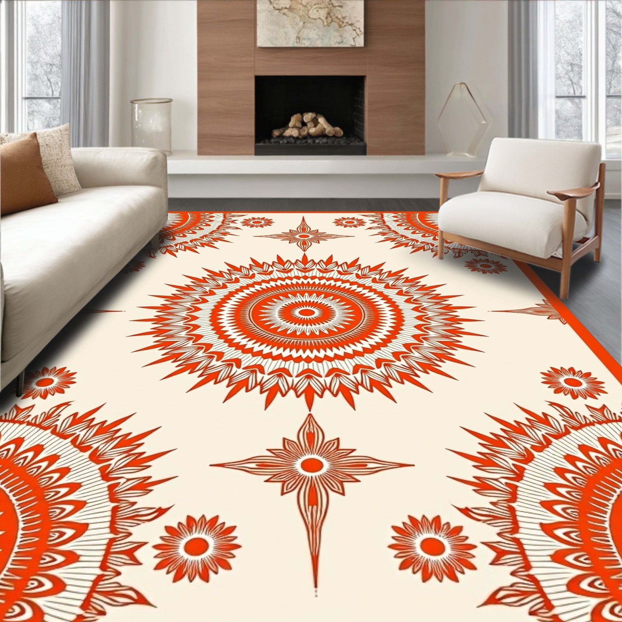 Vibrant Orange Sunburst Medallion Rug