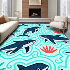 Playful Navy Dolphins Under Aqua Waves Rug