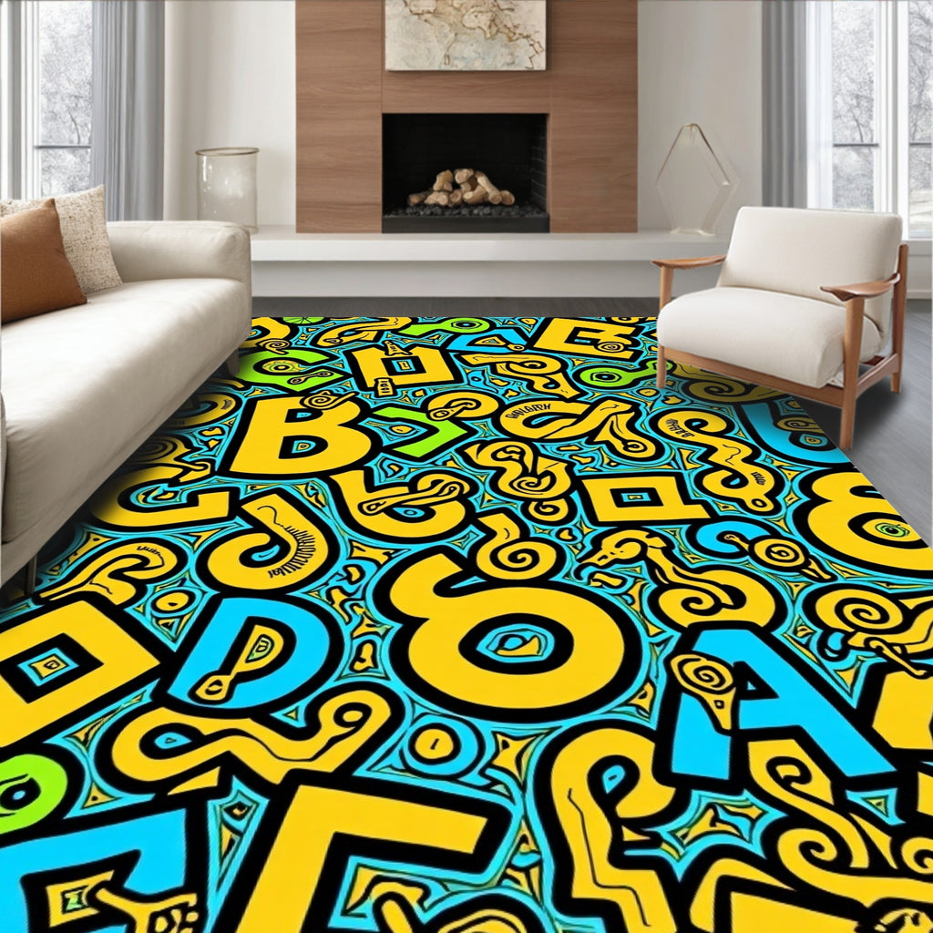 Bold Yellow Blue Groovy Letters Rug
