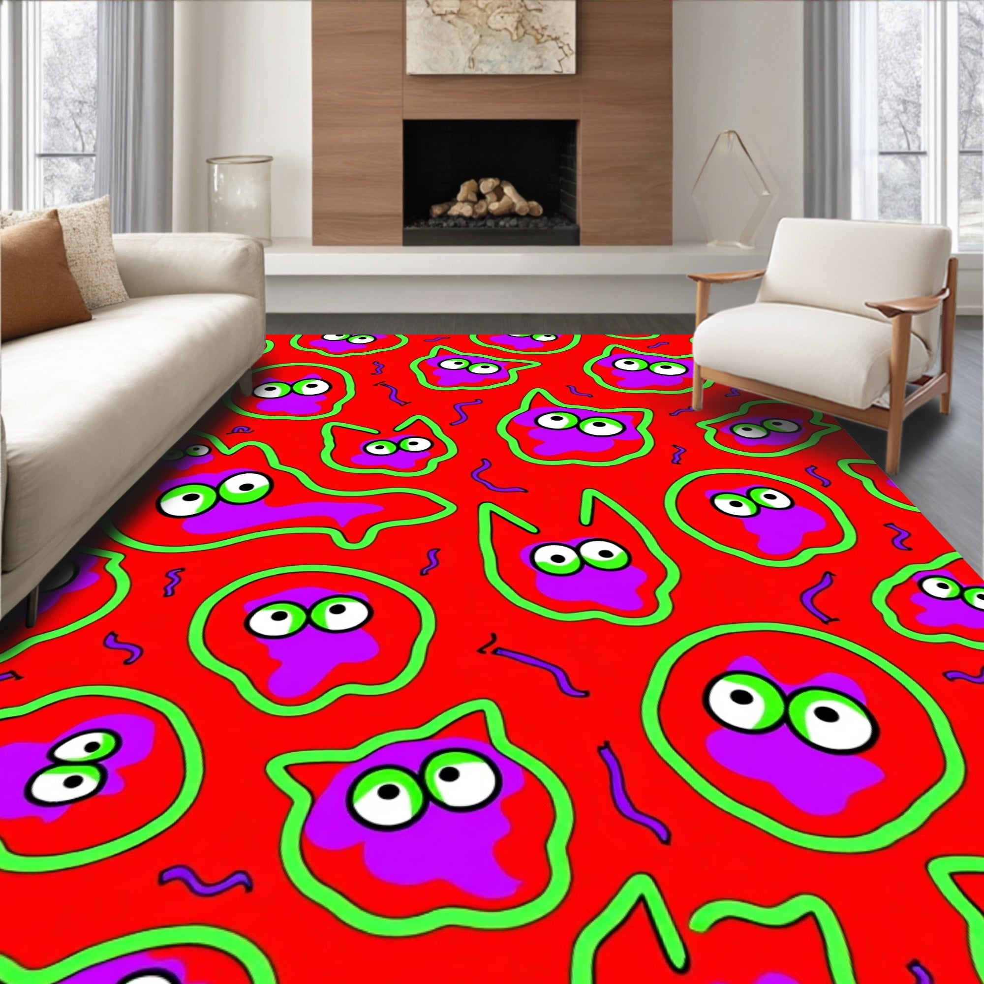 Radiant Red Quirky Cat Faces Rug