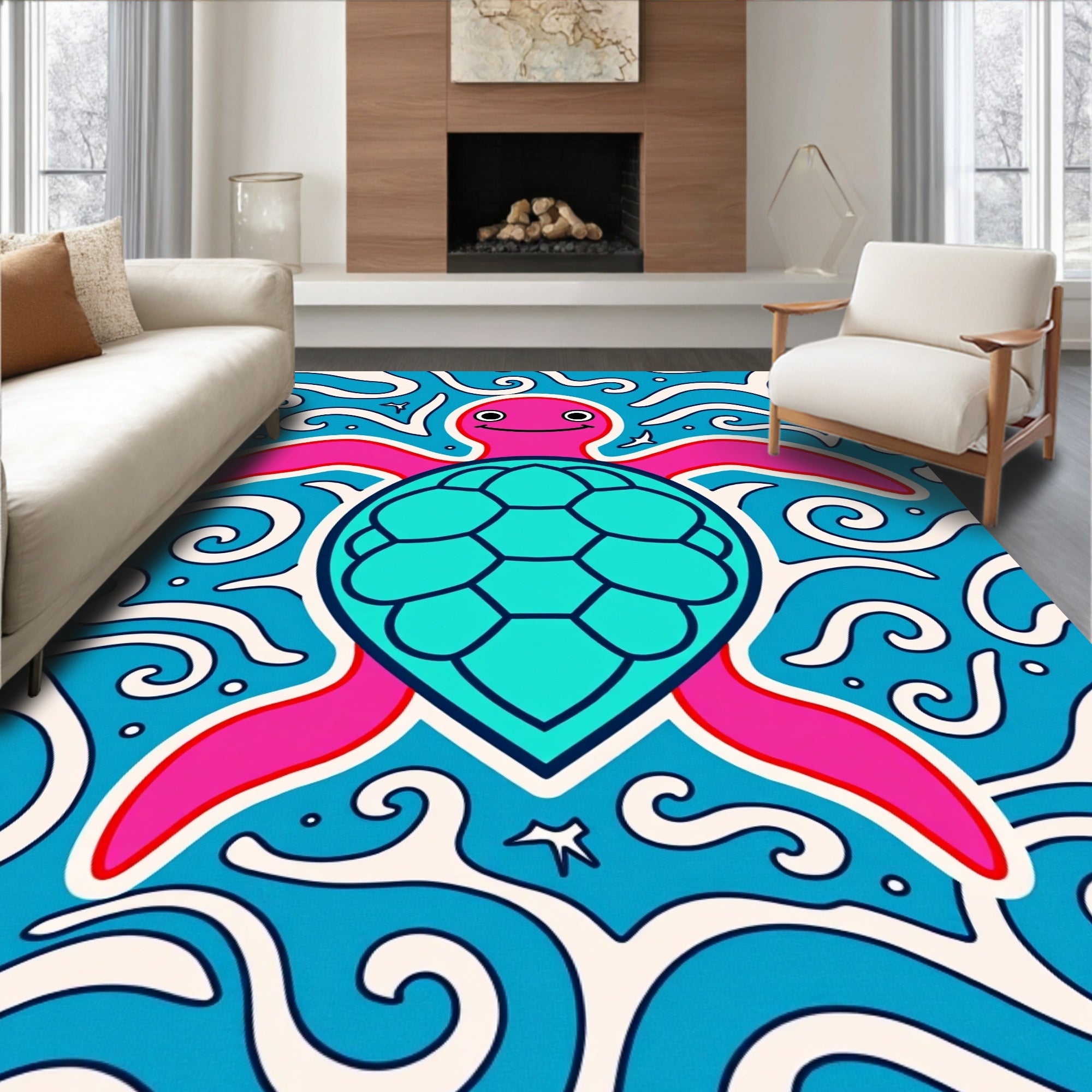 Pink Turtle Turquoise Ocean Waves Rug