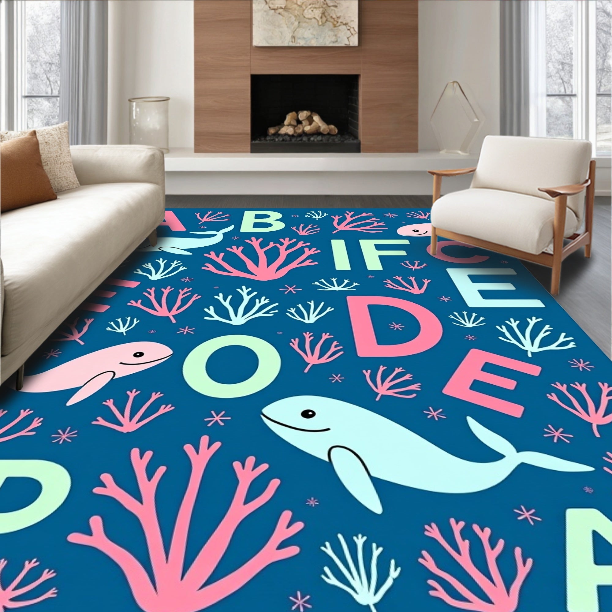 Ocean Alphabet Whales Coral Rug