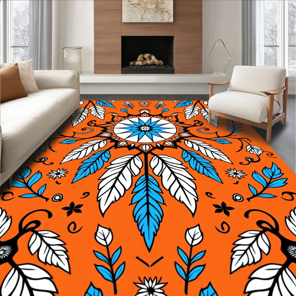 Vibrant Orange Feathered Mandala Rug