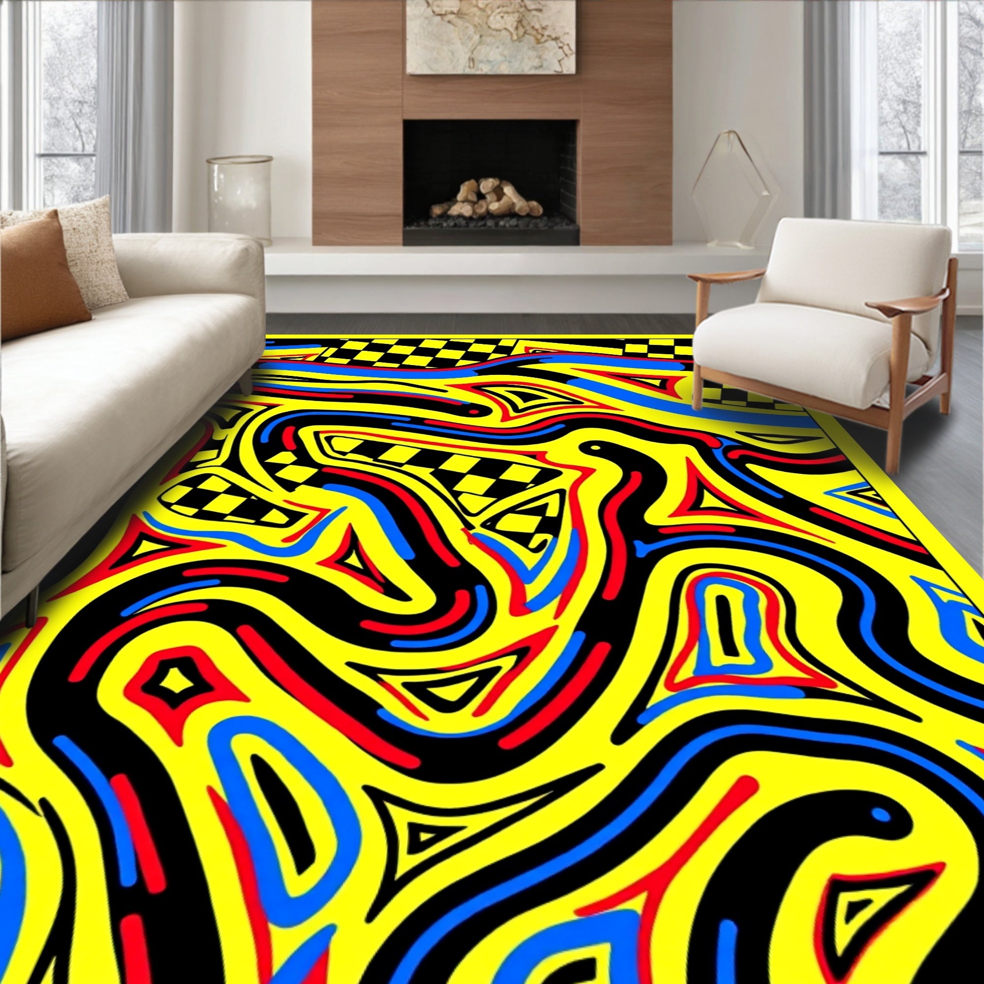 Bold Yellow Checkerboard Flow Rug