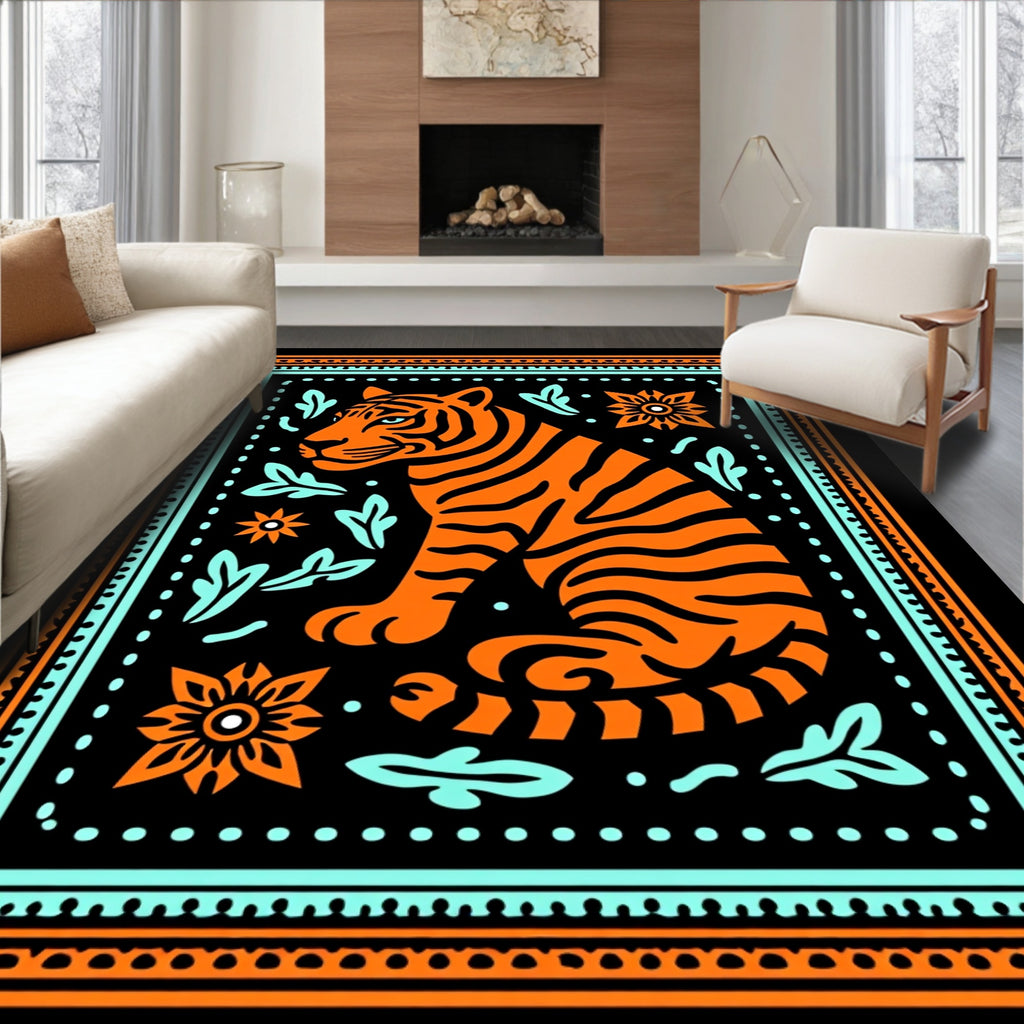 Bold Orange Tiger Floral Border Rug