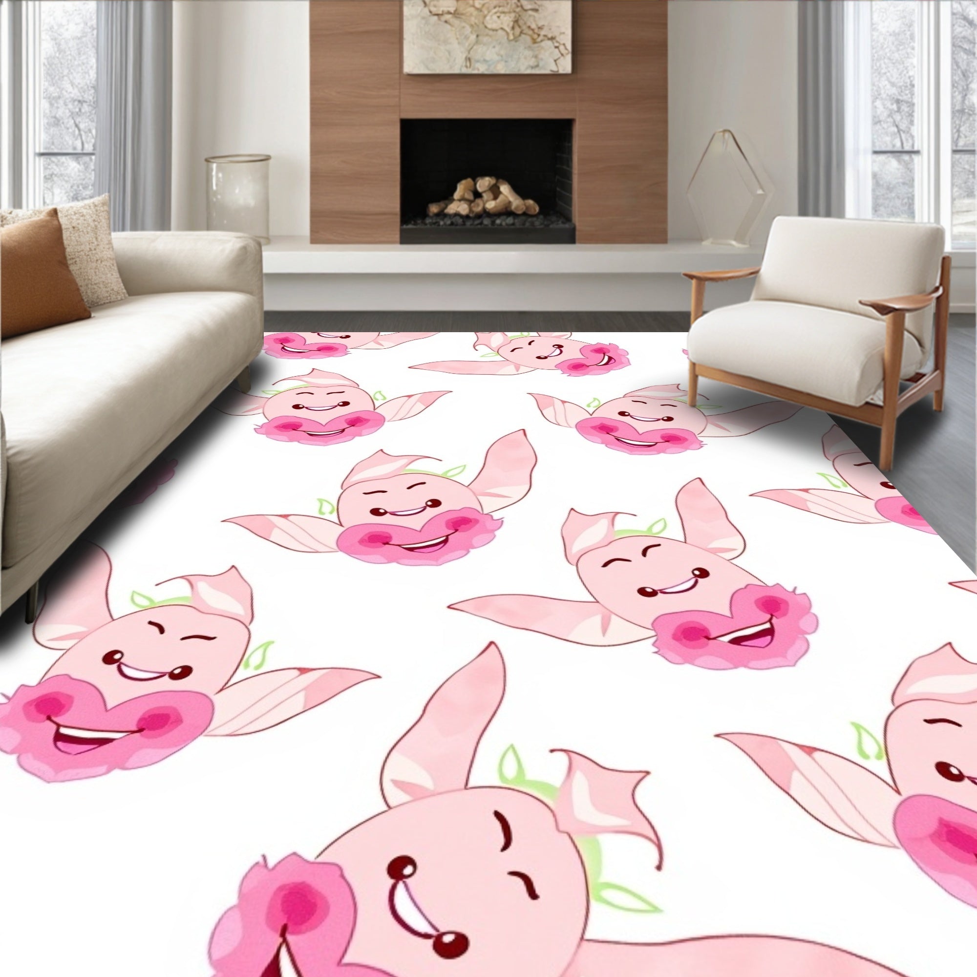 Pink Playful Creature Heart Bloom Repeating Pattern Rug