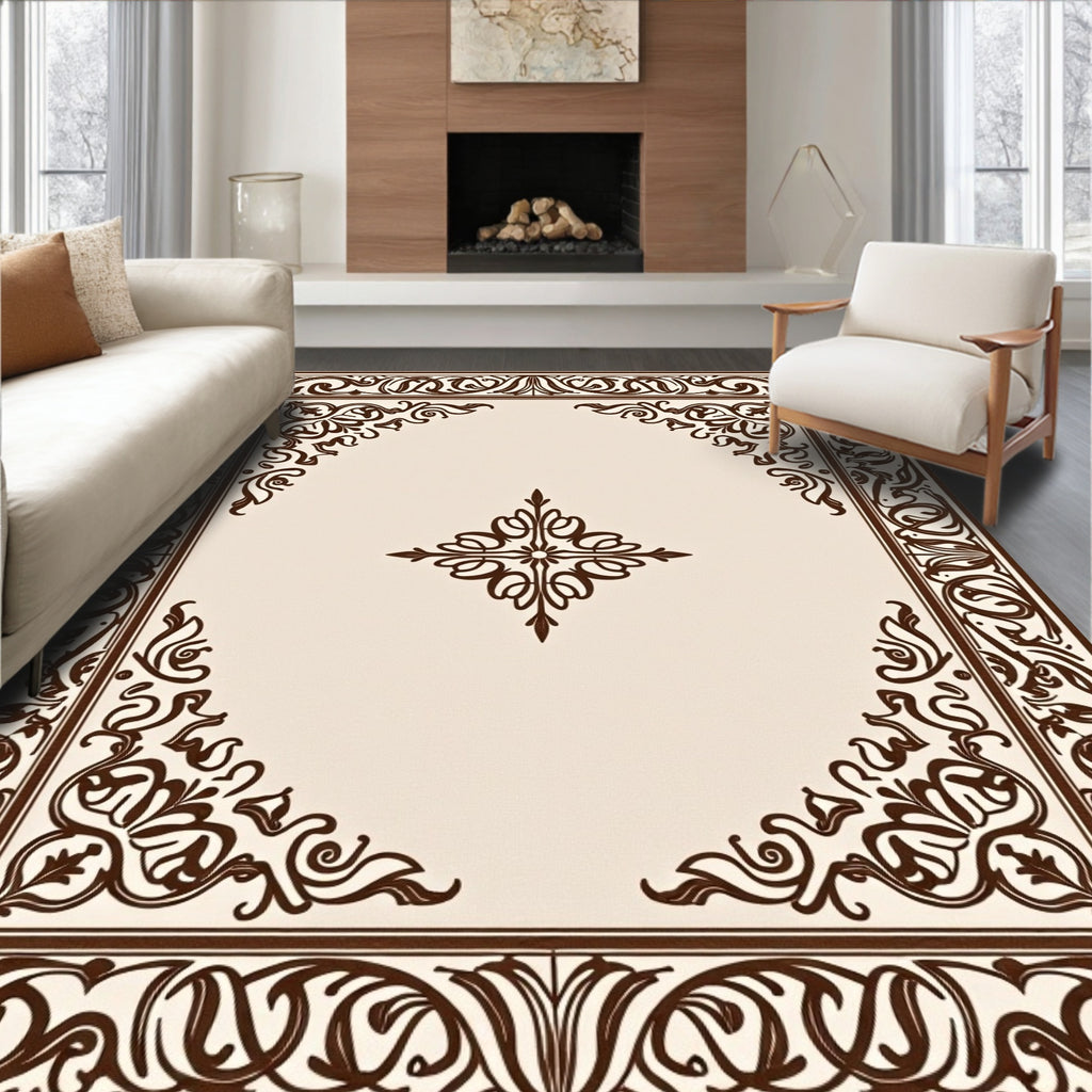 Classic Brown Scrollwork Corner Border Rug