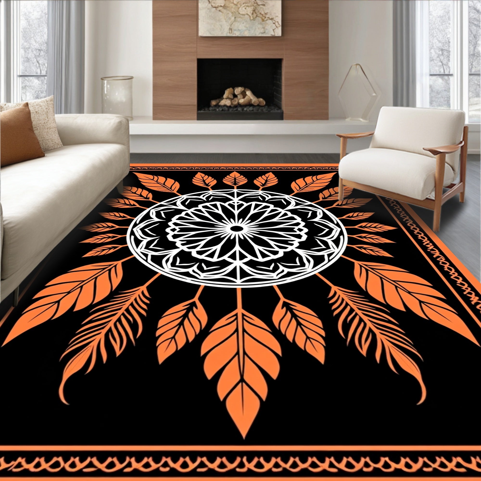 Orange White Floral Feather Mandala Rug