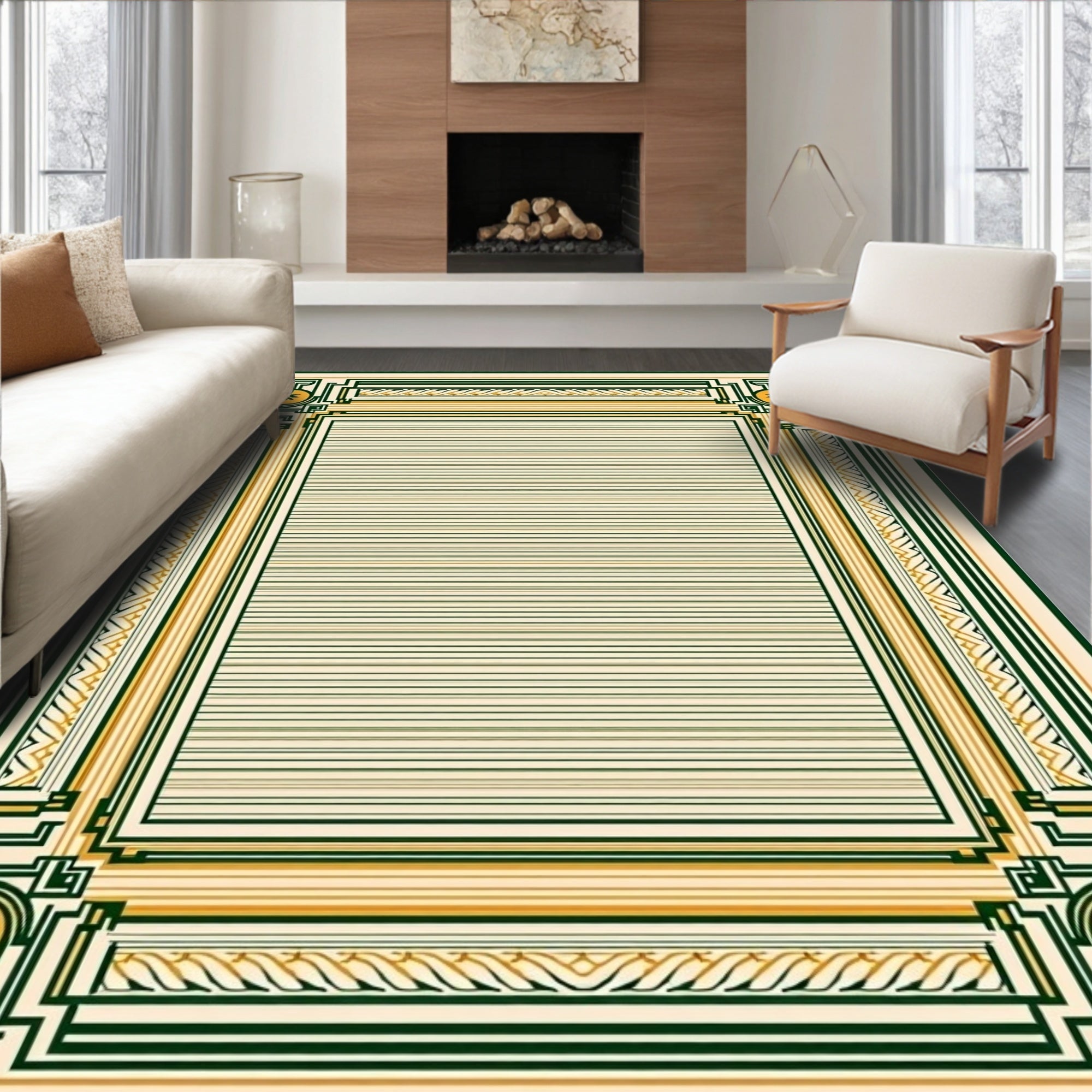 Vintage Cream Green Yellow Geometric Border Rug