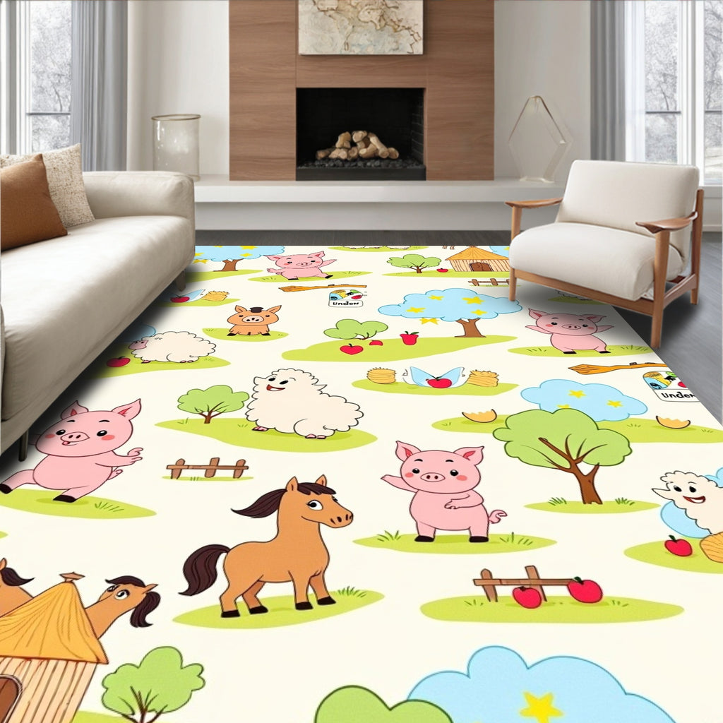 Whimsical Farm Friends Pink Pigs Sheep Rug