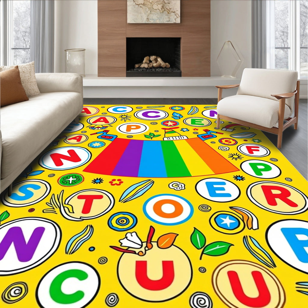 Rainbow Alphabet Circus Round Yellow Rug