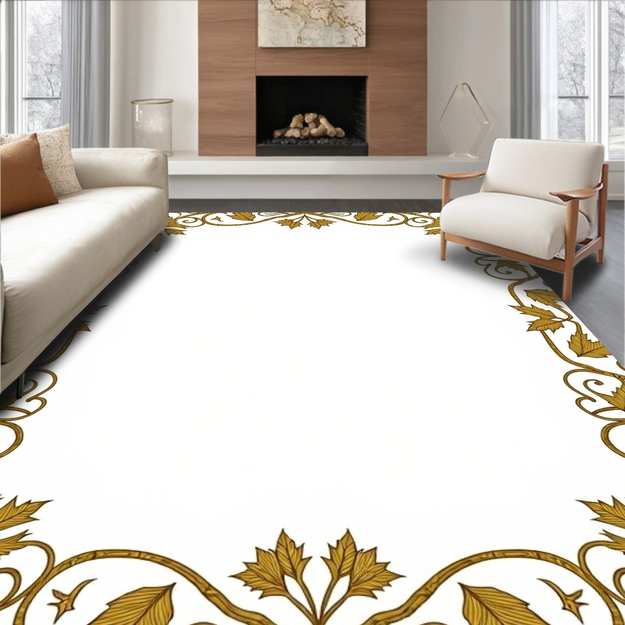 Golden Leaf Swirl Border Rug