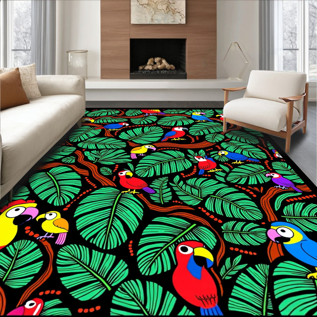Vibrant Parrots Jungle Foliage Rug