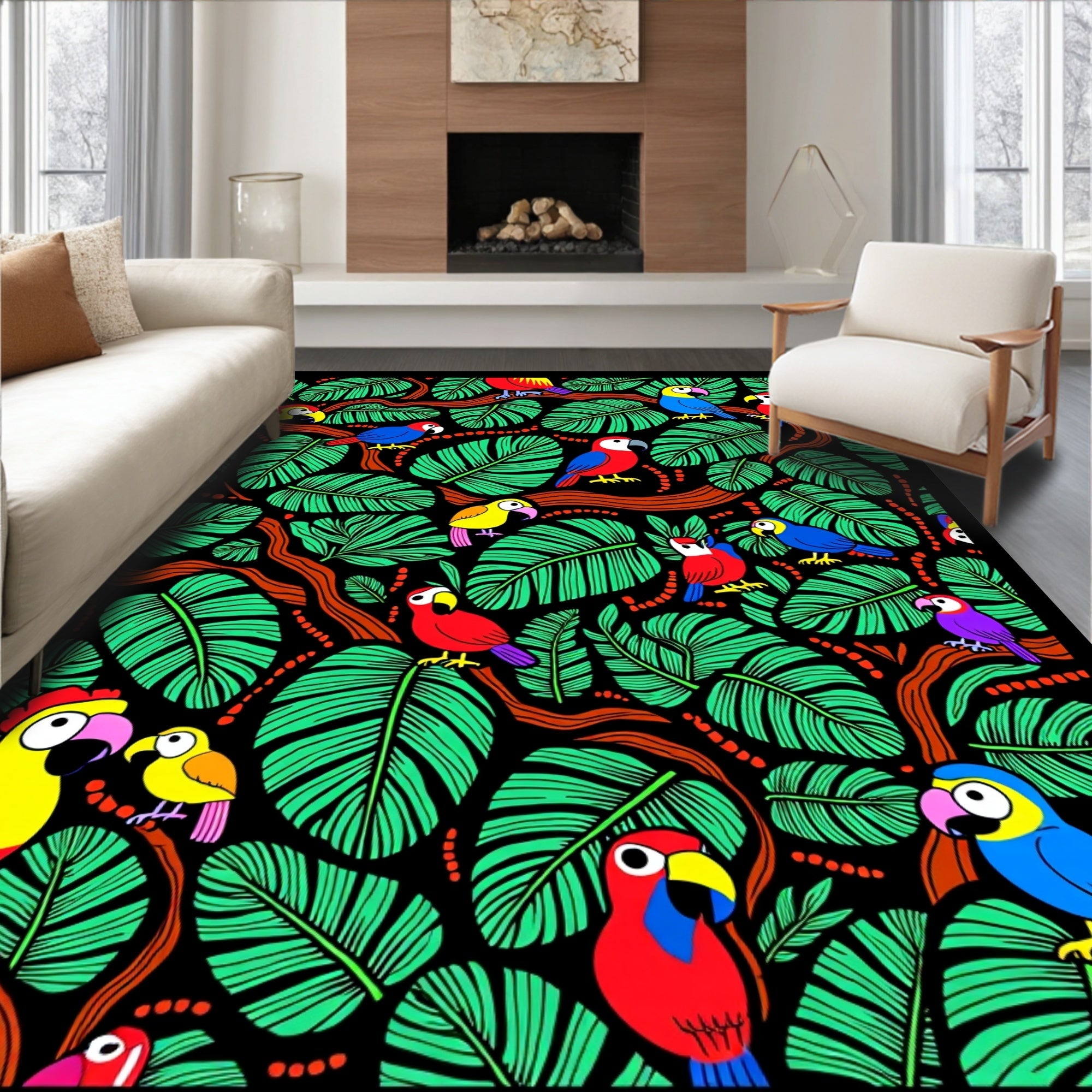 Vibrant Parrots Jungle Foliage Rug