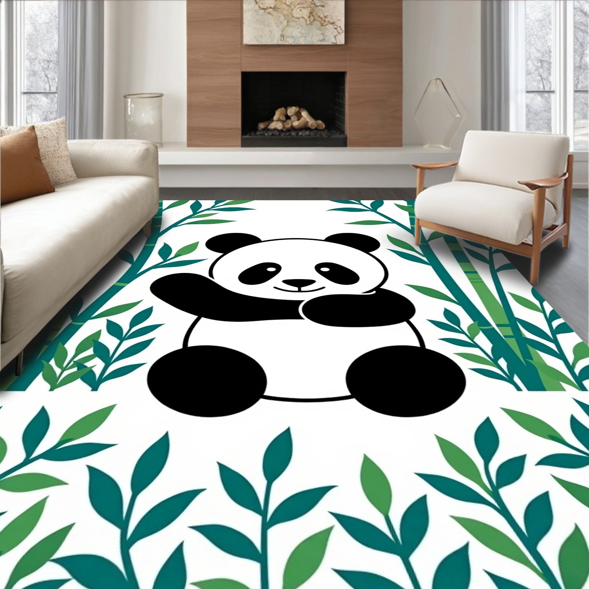 Cute Panda With Green Bamboo Grove Rug