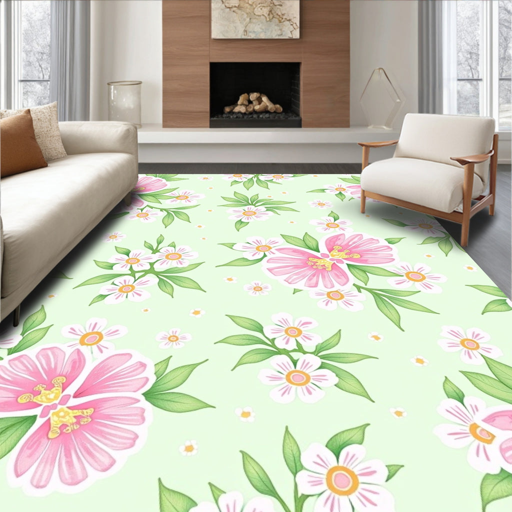 Pink White Blossom Garden With Leaves Rug