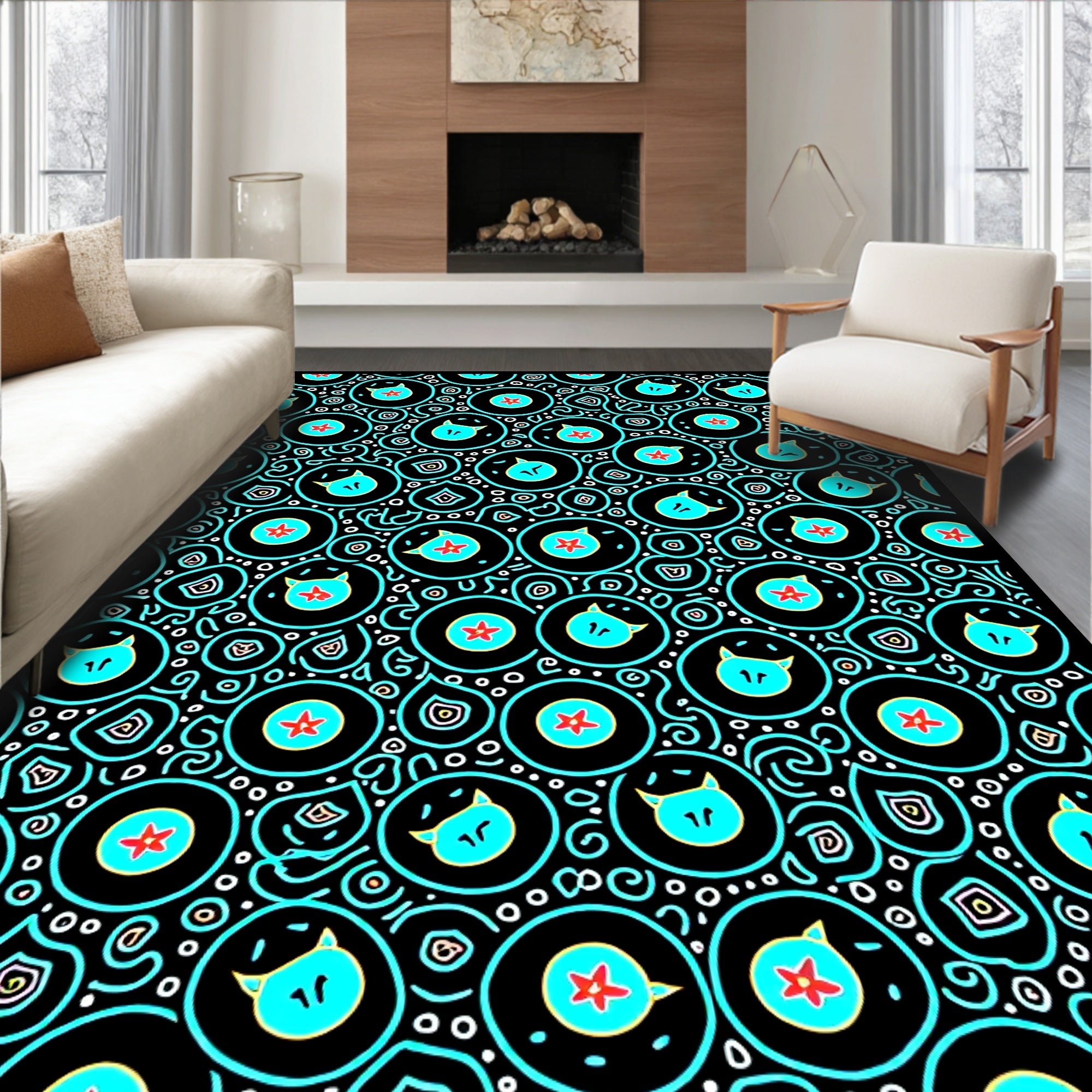 Turquoise Kitty Star Circles Rug