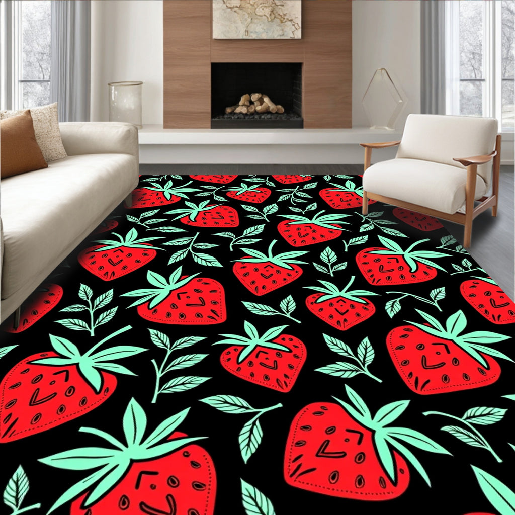 Red Strawberry Black Branches Rug