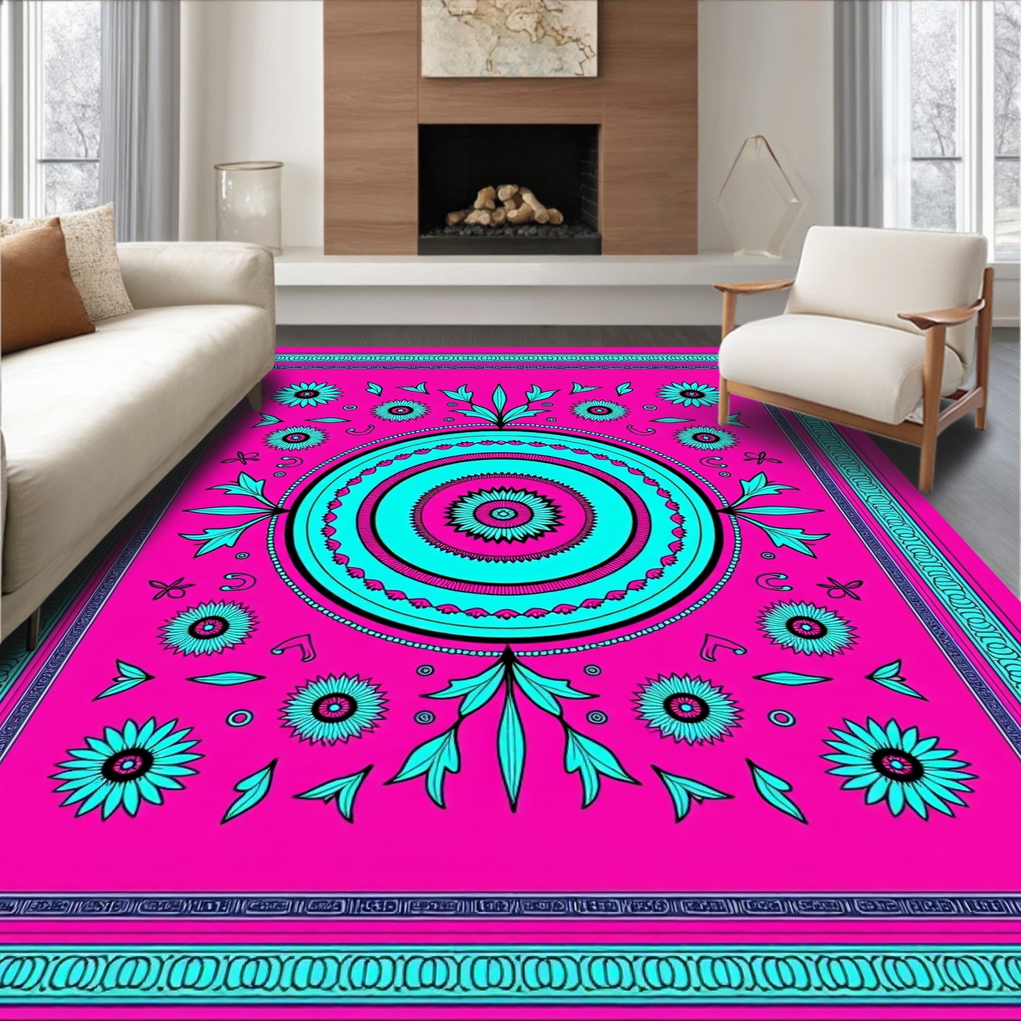 Vibrant Pink Teal Floral Mandala Rug