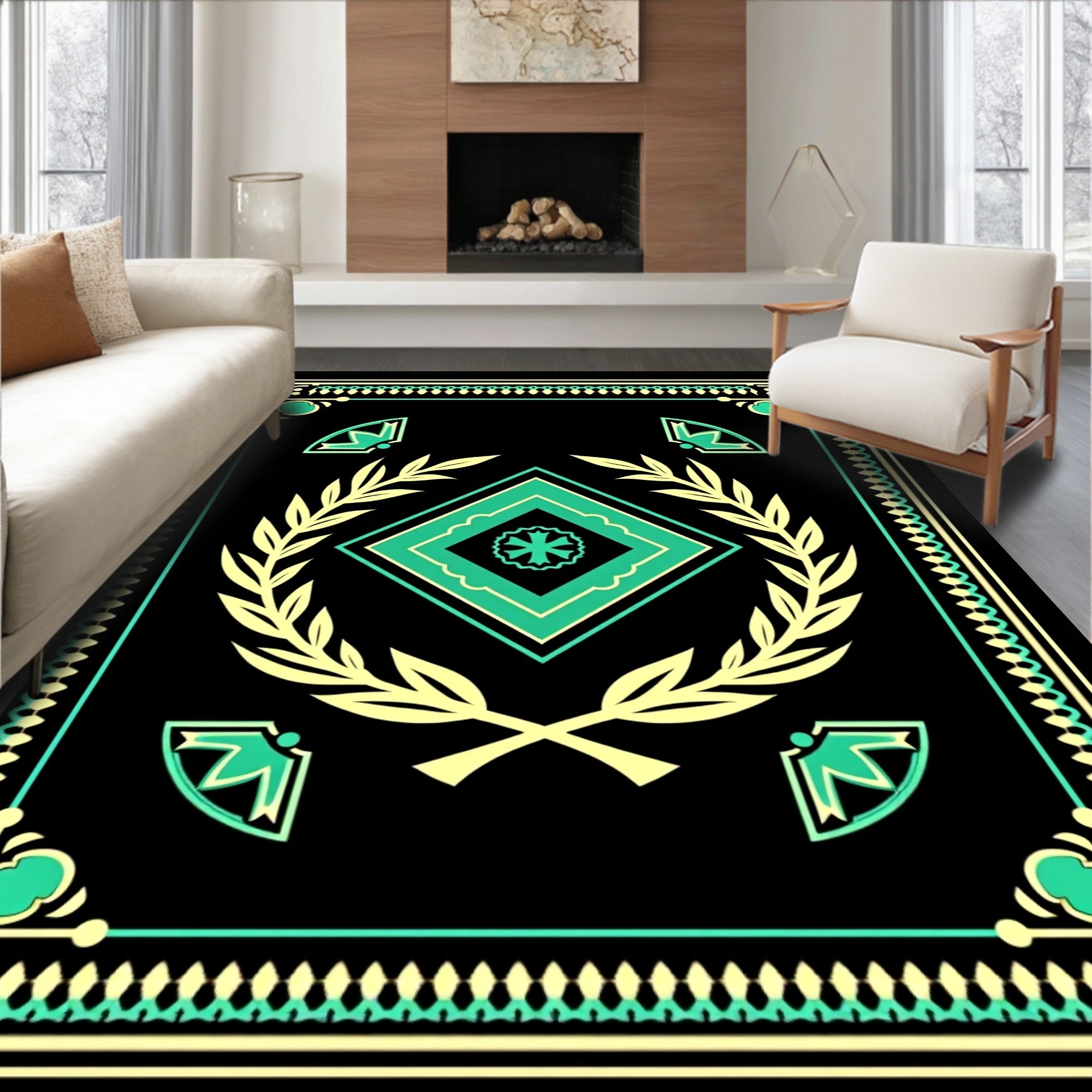 Black Teal Laurel Diamond Emblem Rug