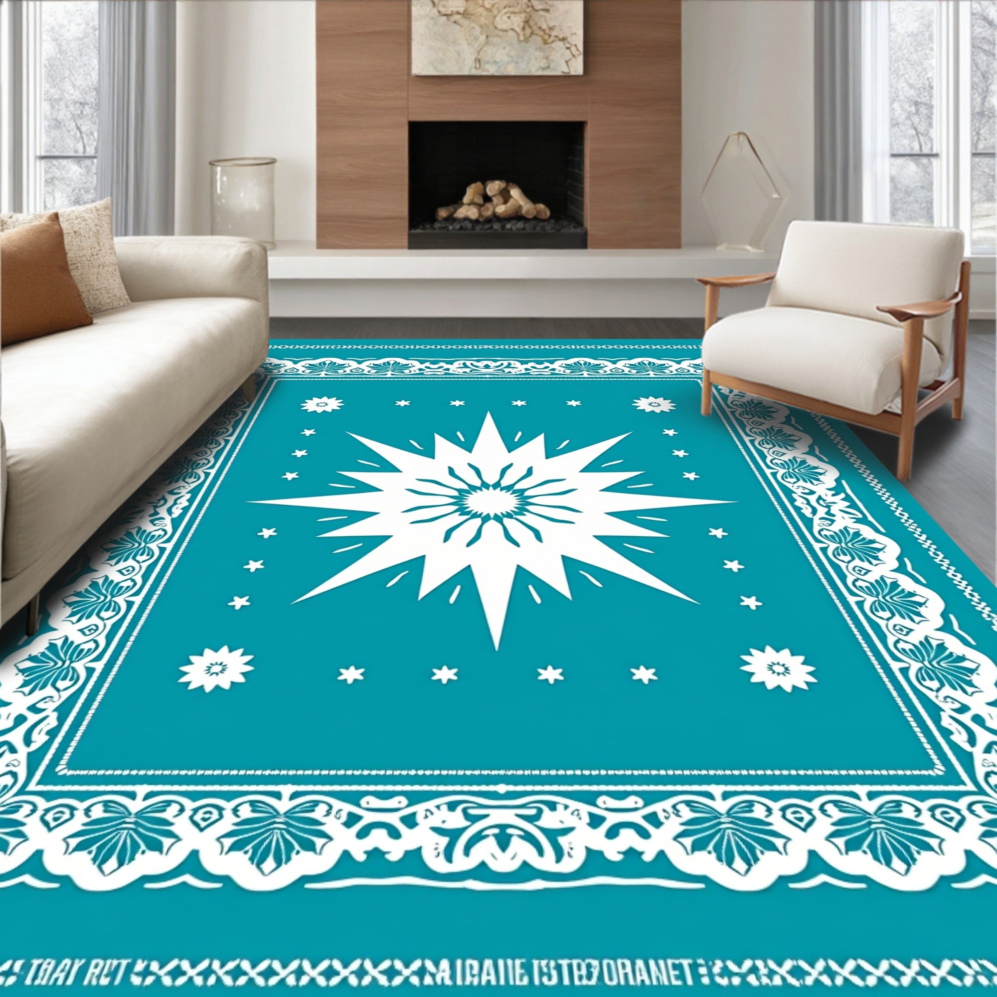 Vibrant Teal Starburst Floral Border Rug