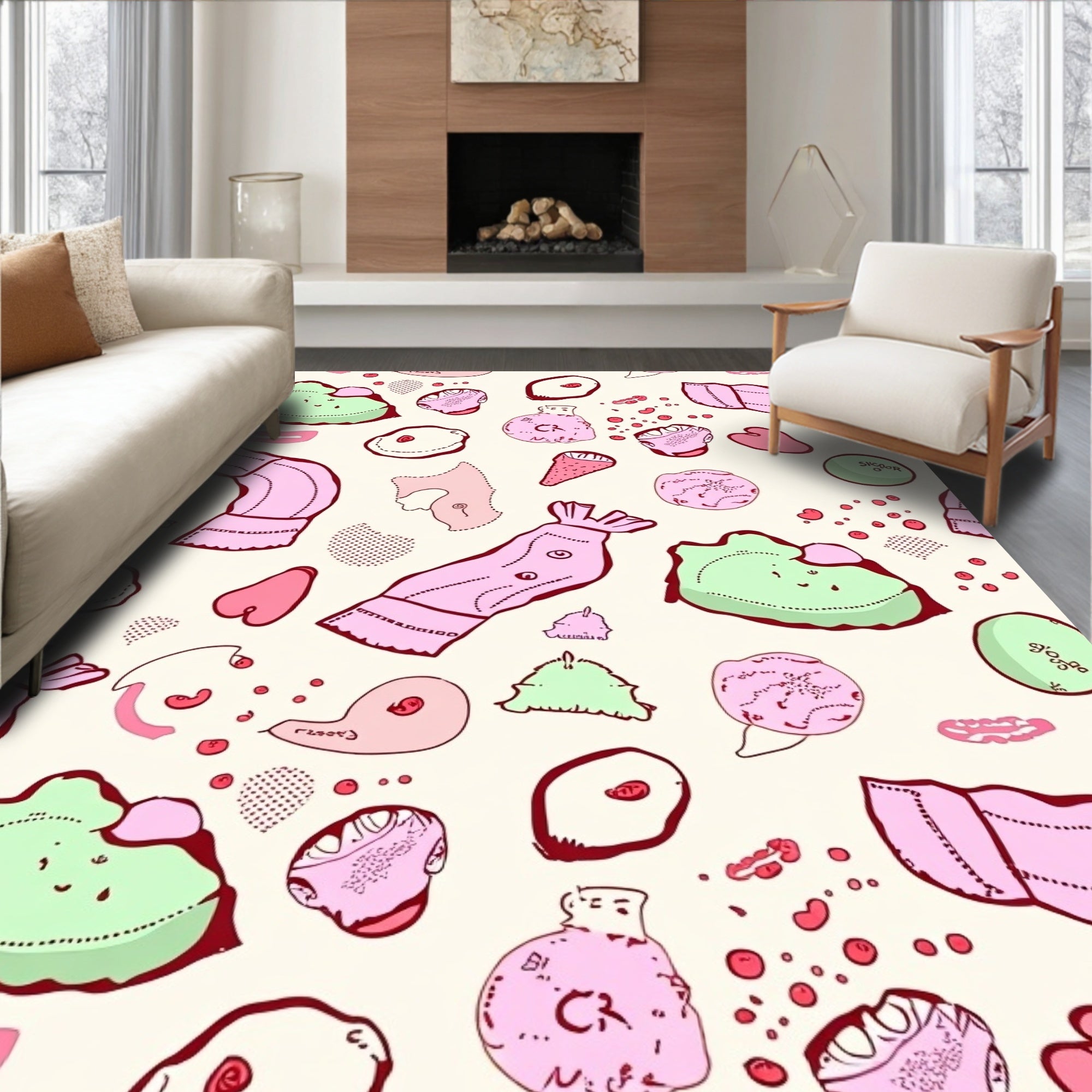 Whimsical Pink and Green Doodle Clouds Rug