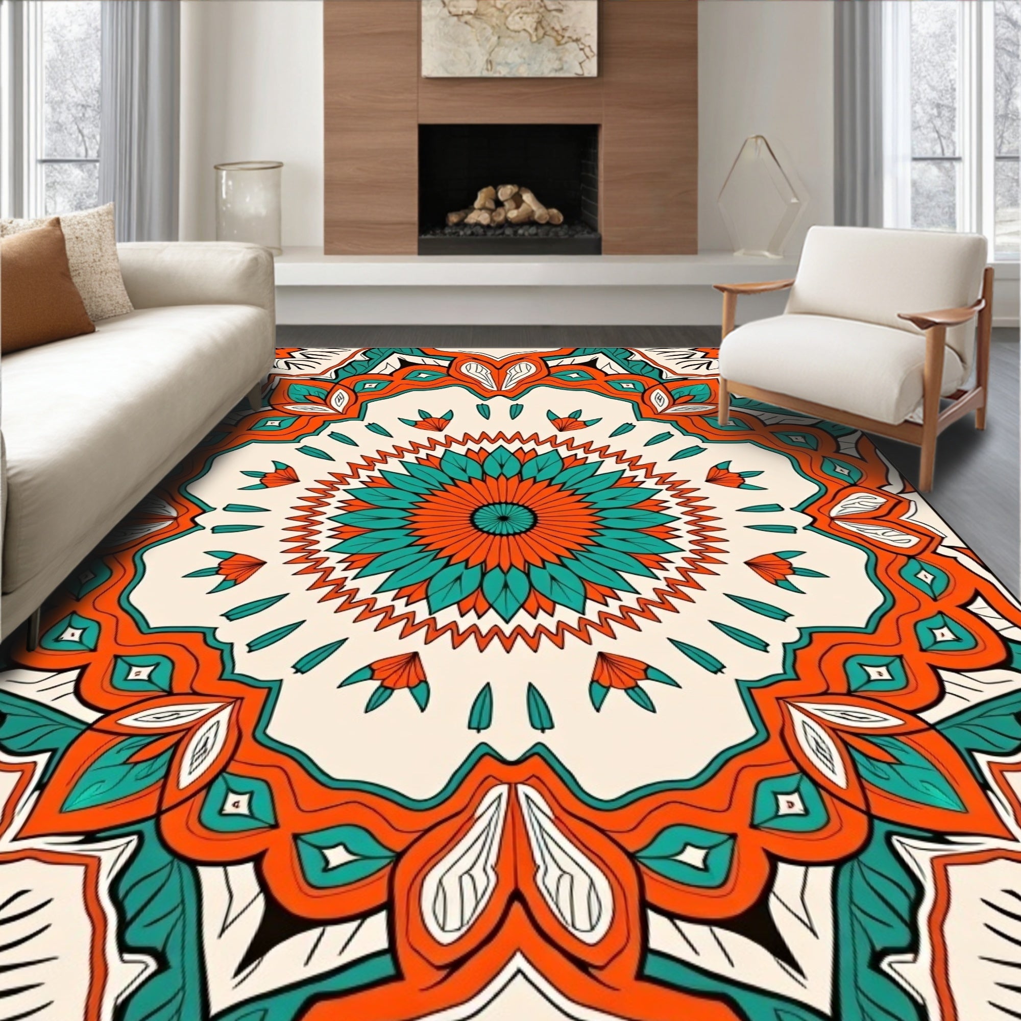 Orange Teal Floral Medallion Art Rug