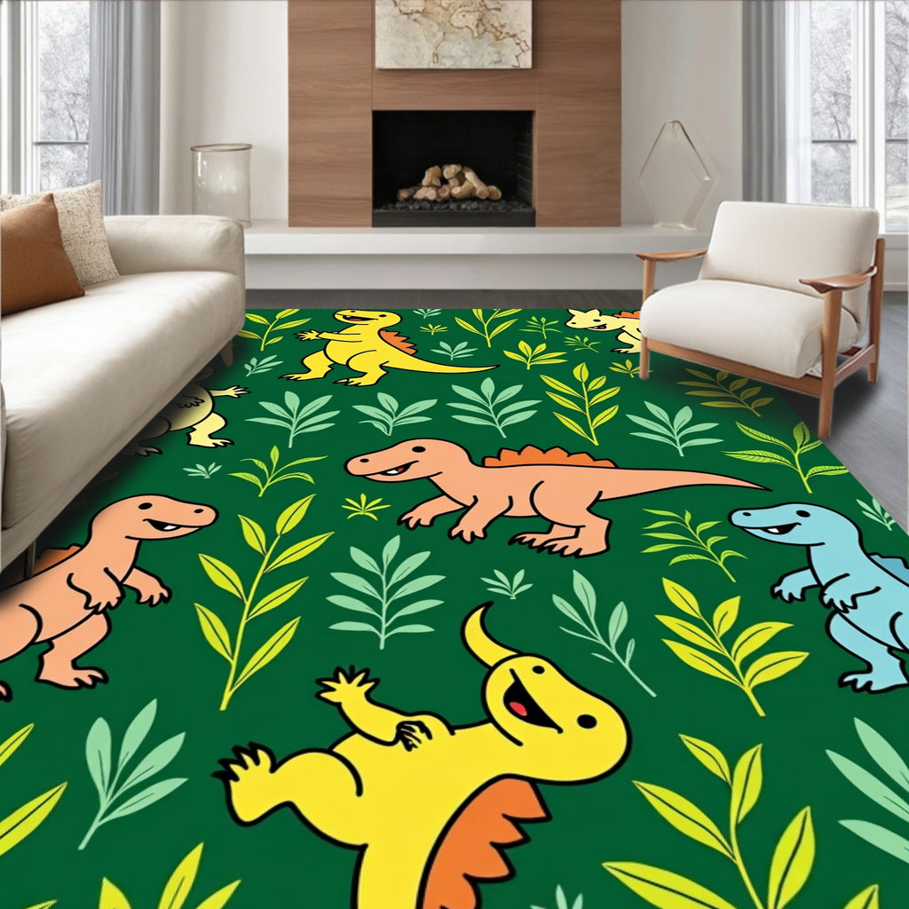 Playful Dinosaur Foliage Green Cream Rug