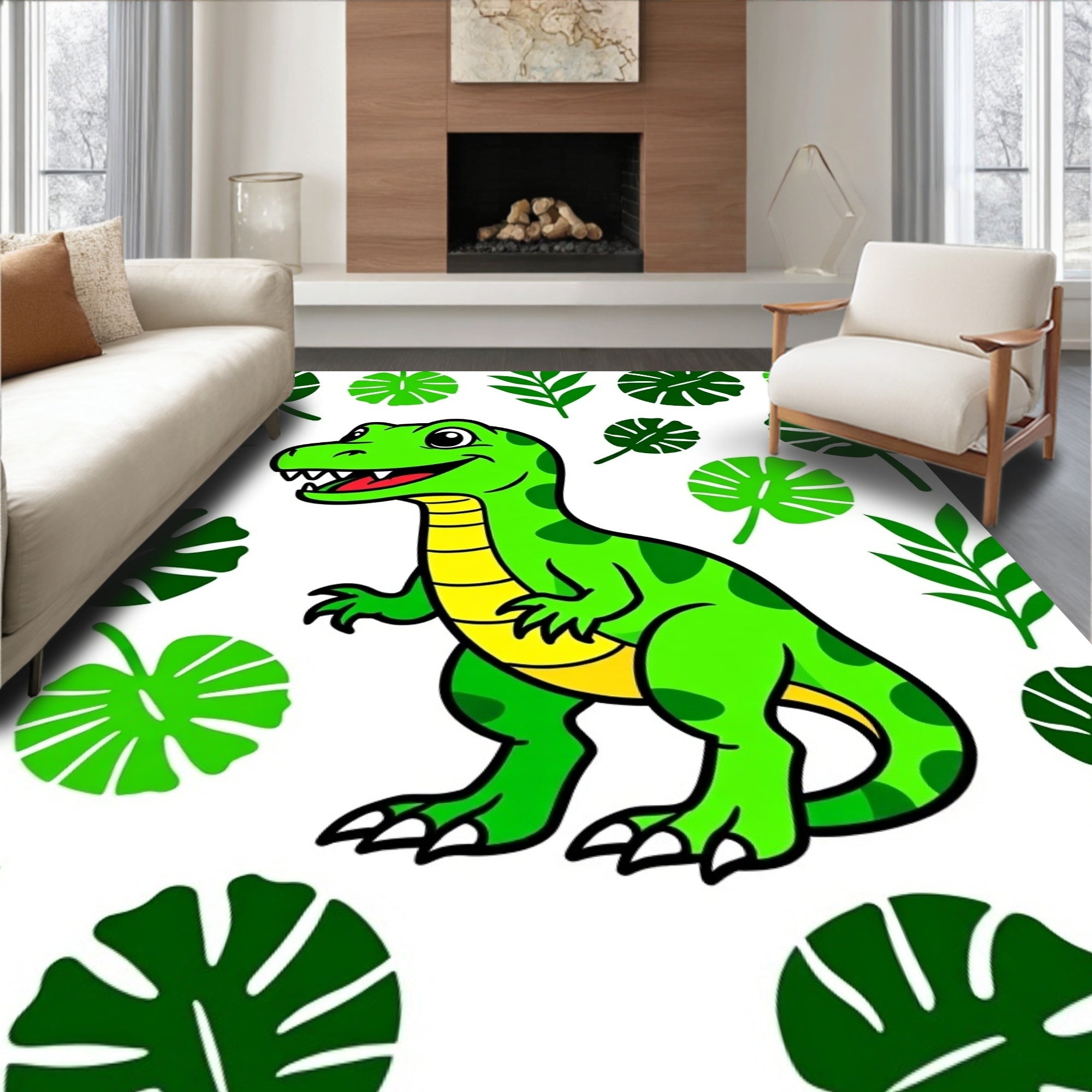 Happy Green Dinosaur Jungle Leaves Rug