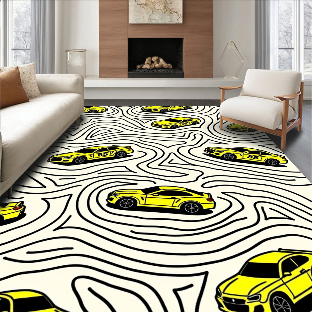 Yellow Racing Cars Abstract Lines Rug
