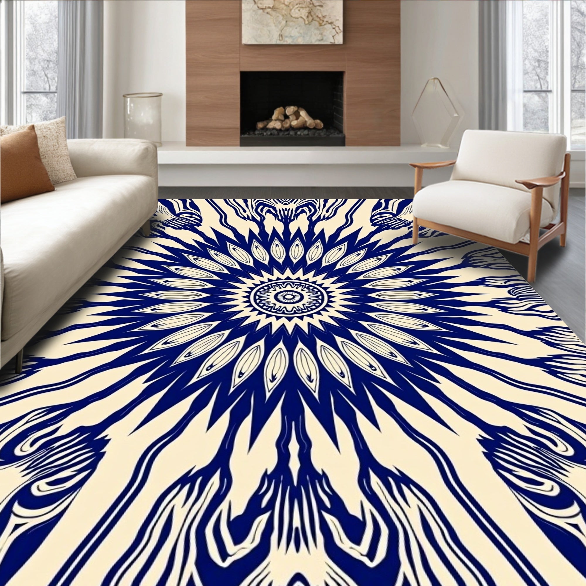 Deep Navy White Sunburst Medallion Rug