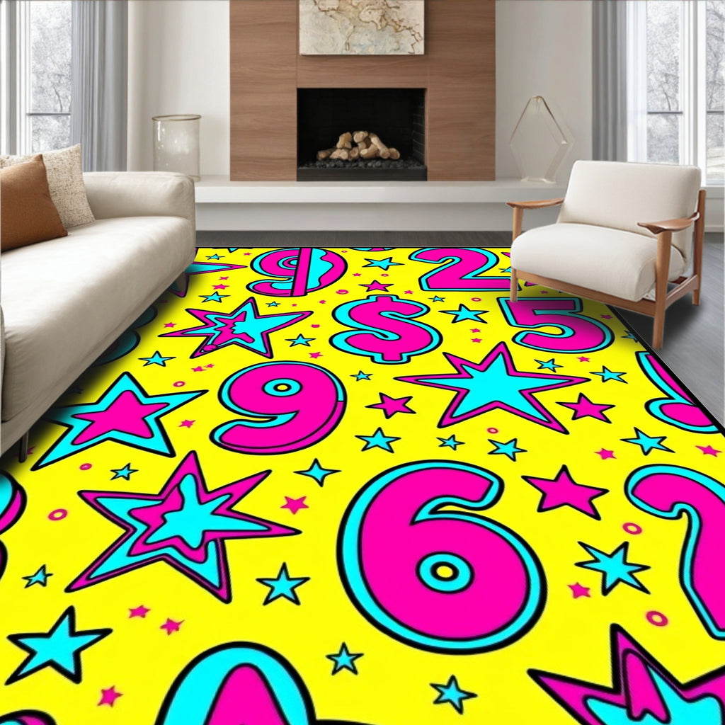 Bold Pink Blue Numbers Stars Rug