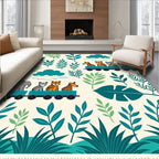 Jungle Animals On Train Teal Rug