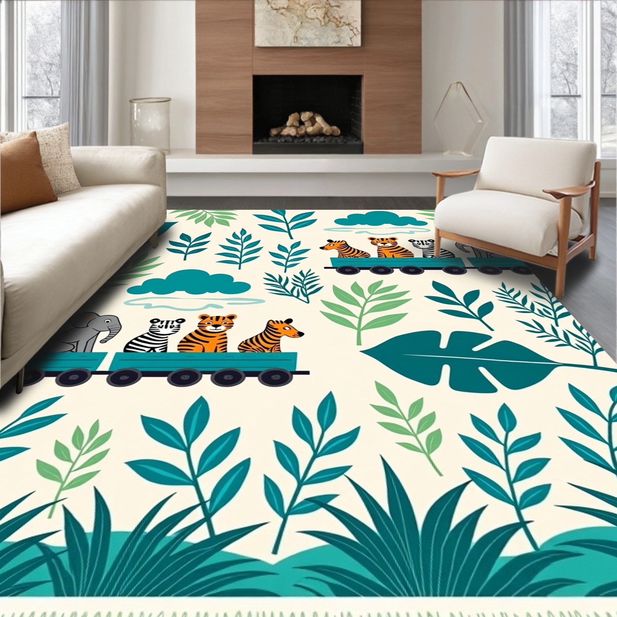 Jungle Animals On Train Teal Rug