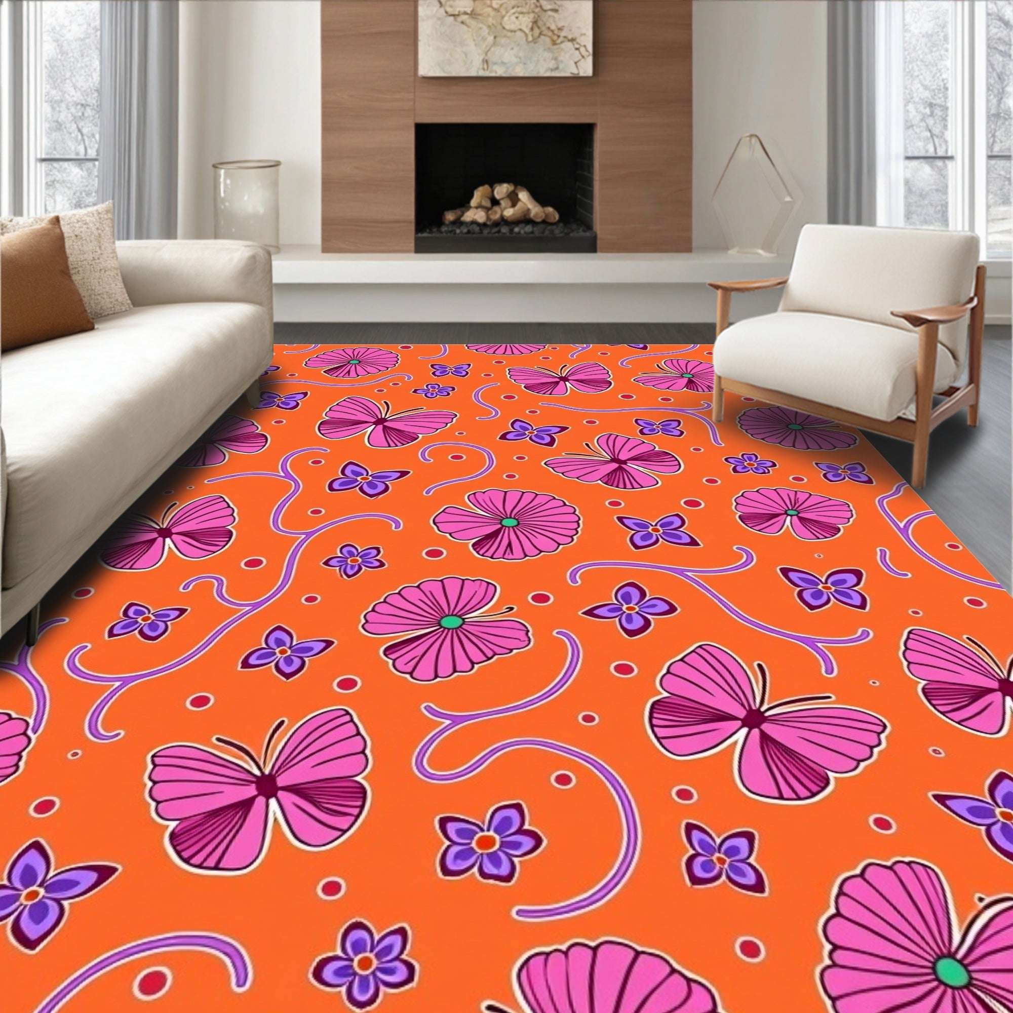 Vibrant Orange Pink Butterfly Floral Arrangement Rug