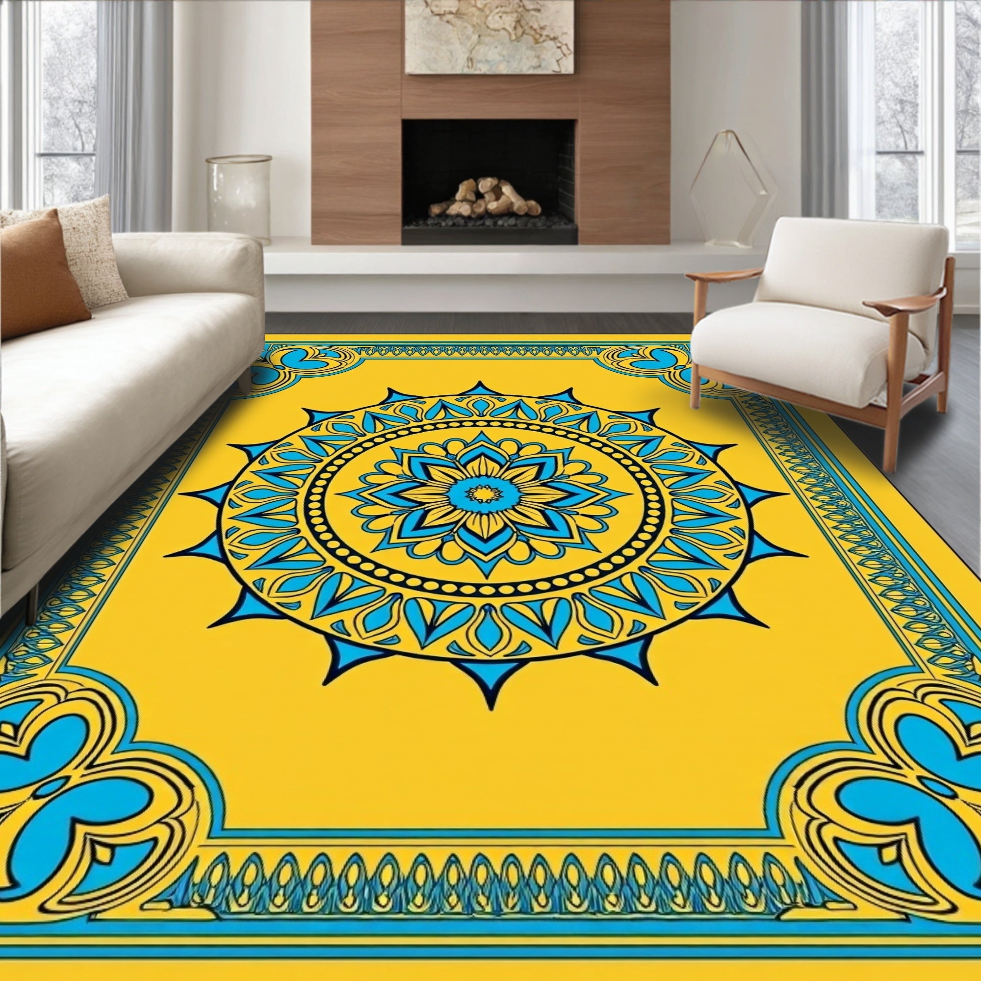 Golden Blue Sunburst Mandala BorderRug Rug