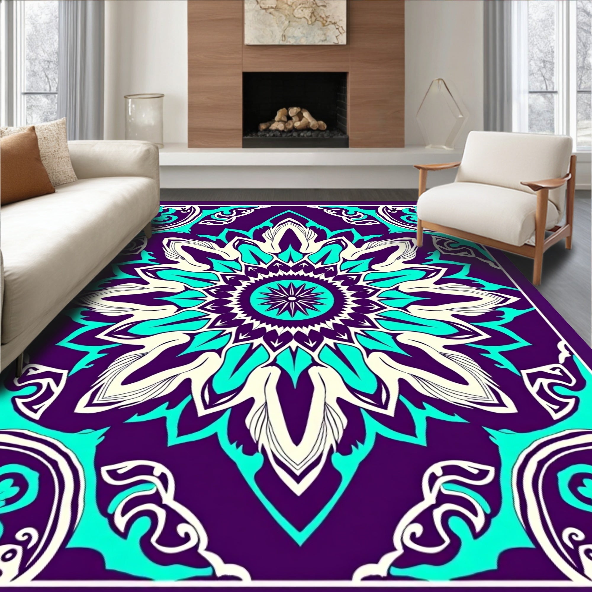 Vibrant Purple Teal Floral Medallion Rug